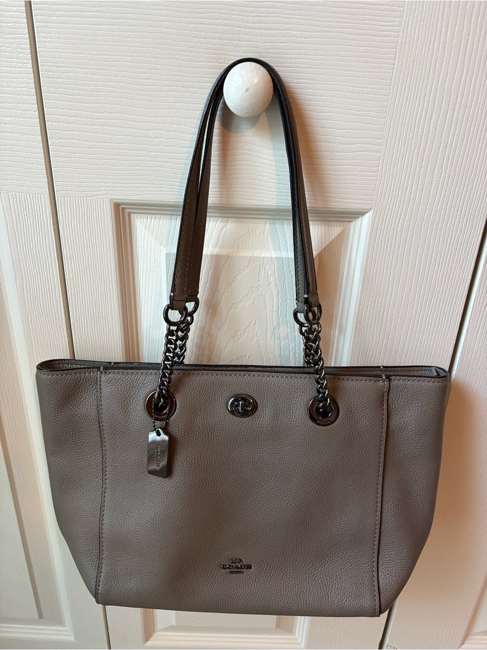 Coach Pebble Leather Tote in Gray with Chain-Strap Handles